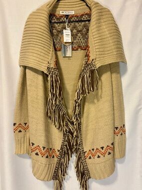 Montana Co Cream Fringe Cascade Cardigan with Orange & Brown Accents